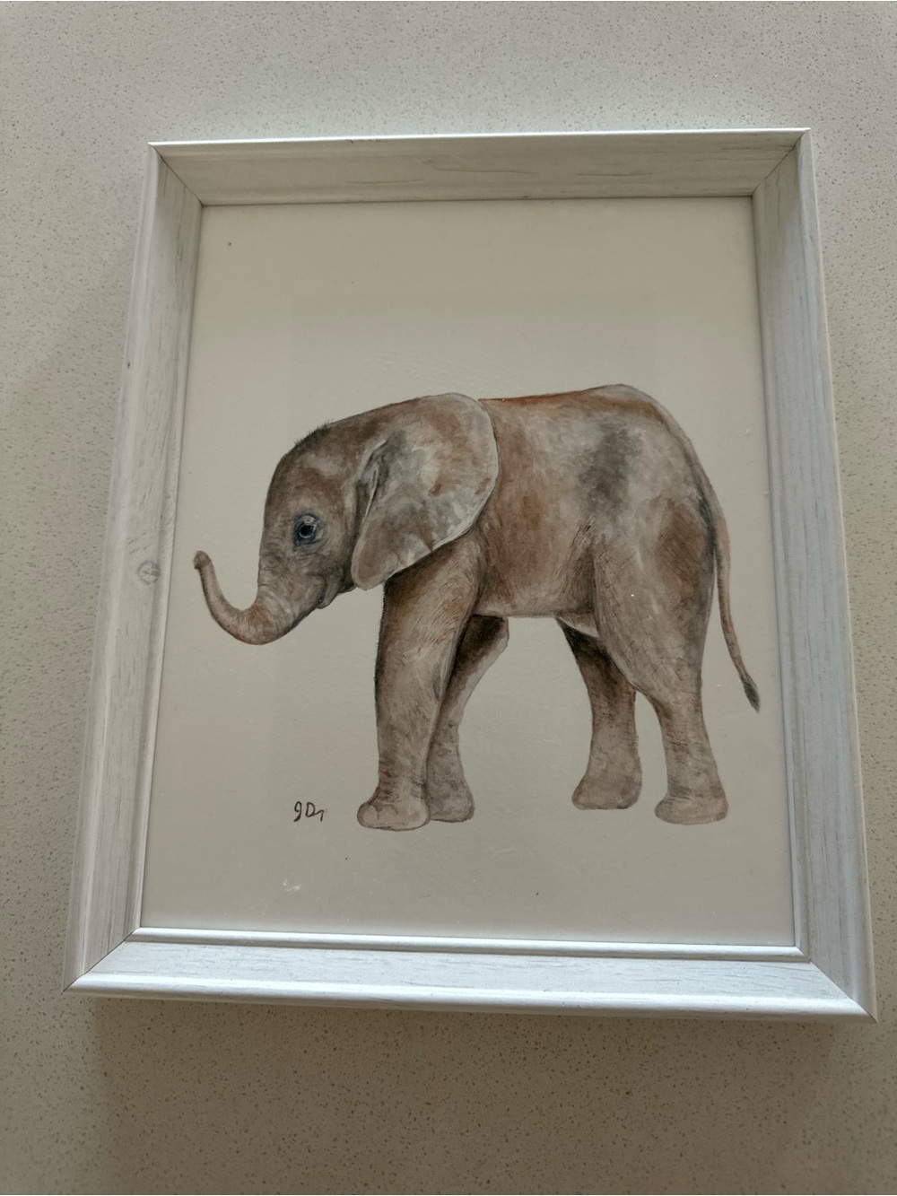 Framed Watercolor Baby Elephant Art Print - Neutral Tones